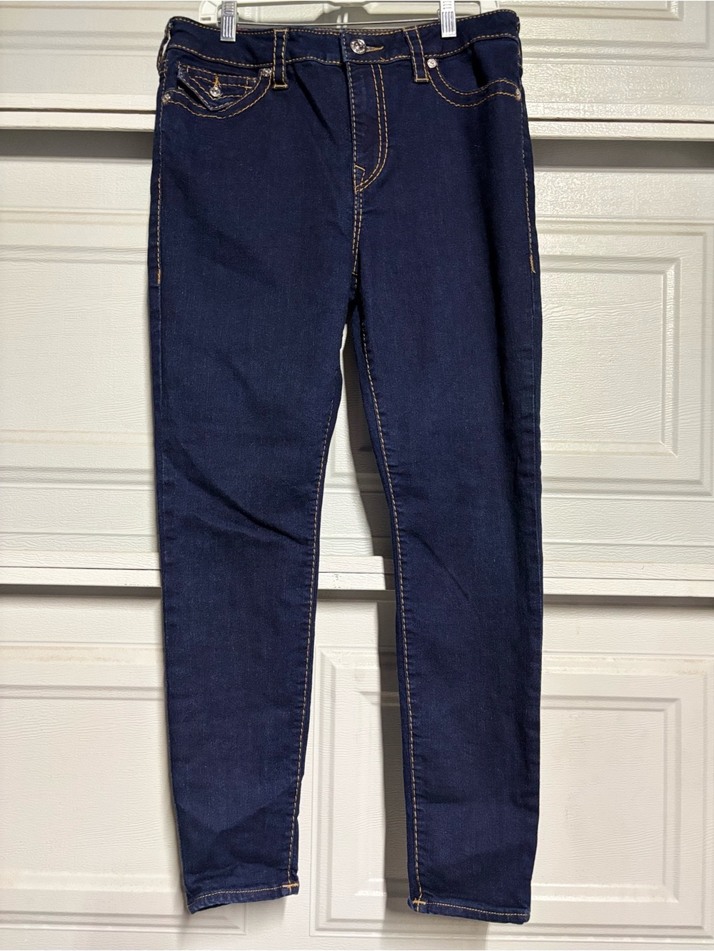 True Religion Halle Mid Rise Super Skinny Jeans in Dark Blue with Gold Stitching